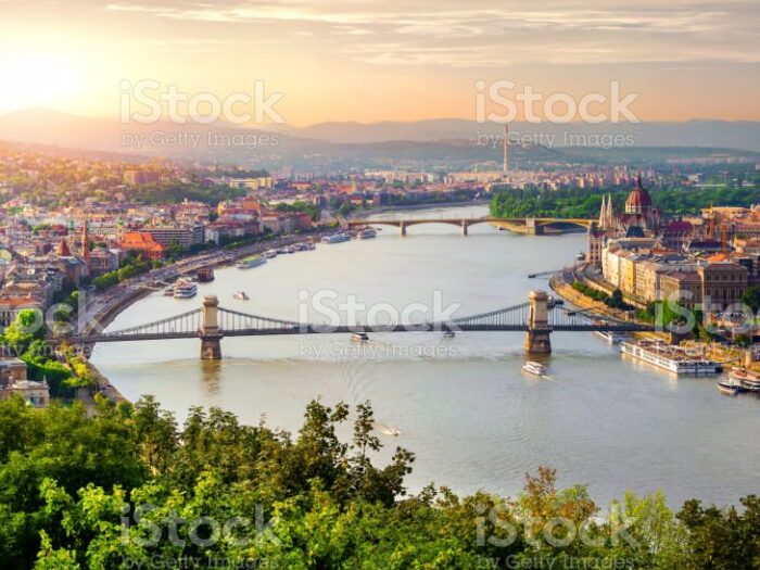Panoramic view of summer Budapest at sunset